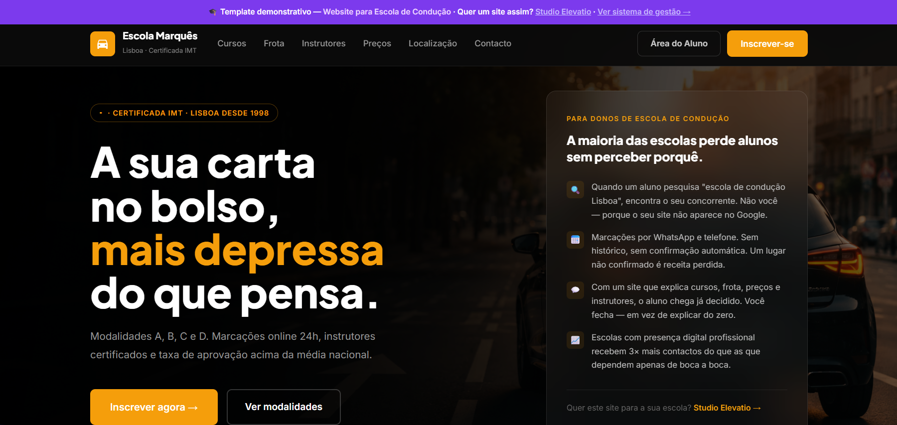 Demonstração de website público para escola de condução
