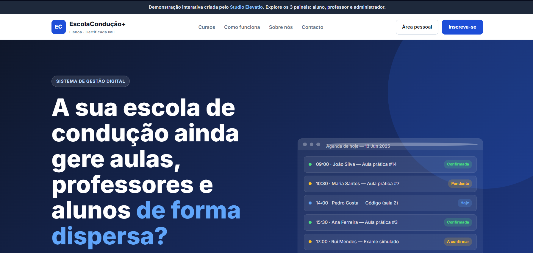 Demonstração premium de sistema para escola de condução