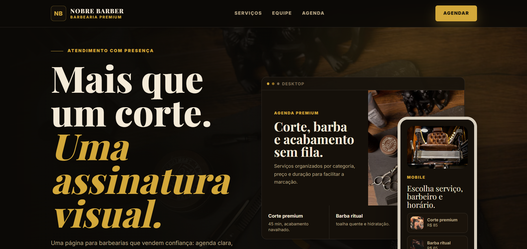 Demonstração premium de website para barbearia