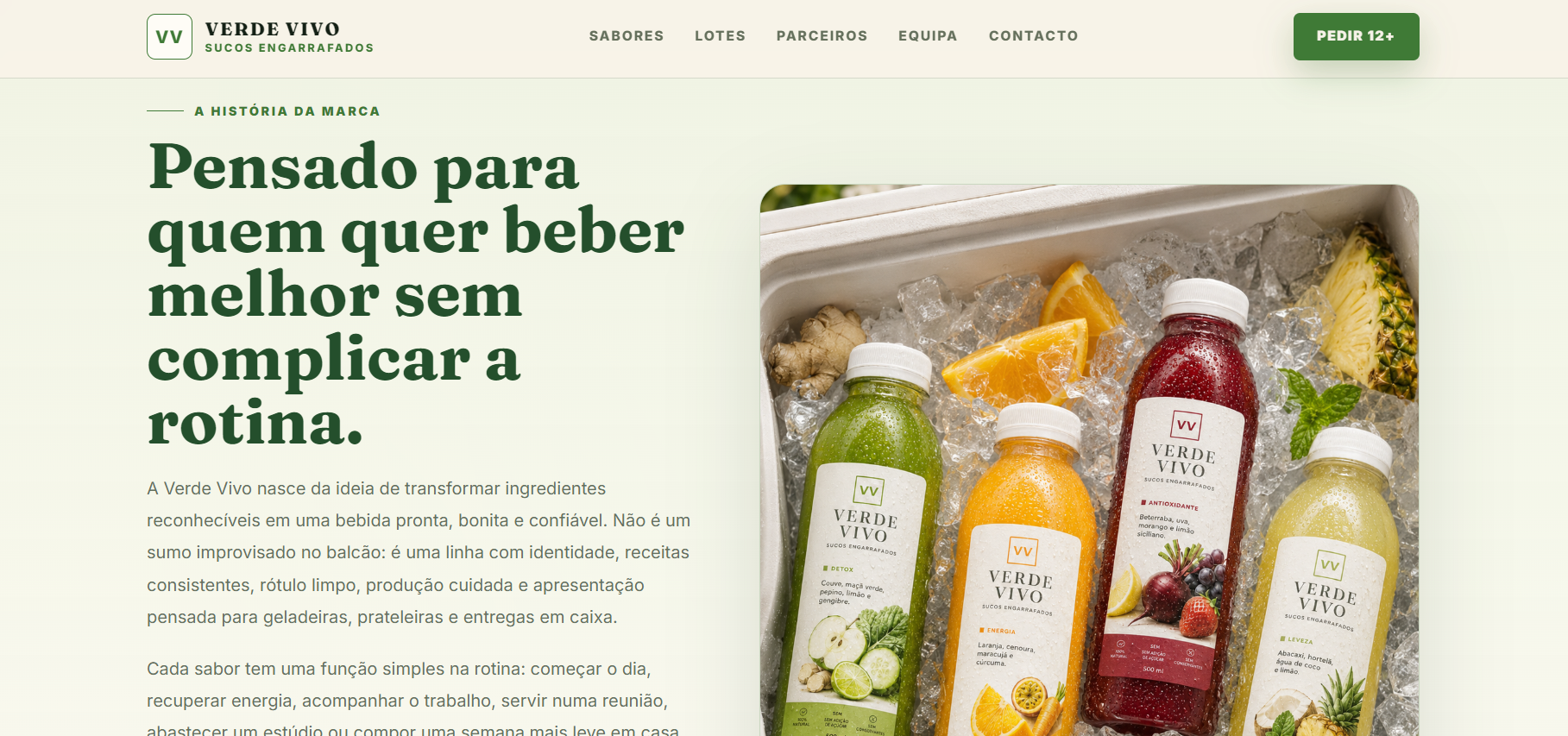 Demonstração premium de website para marca de bebidas naturais
