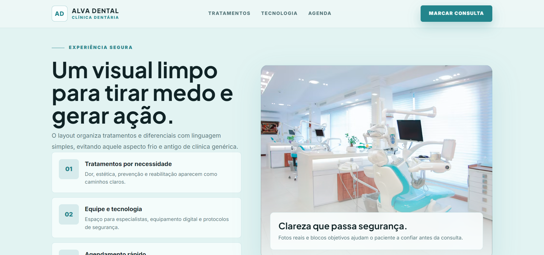 Demonstração premium de website para clínica dentária