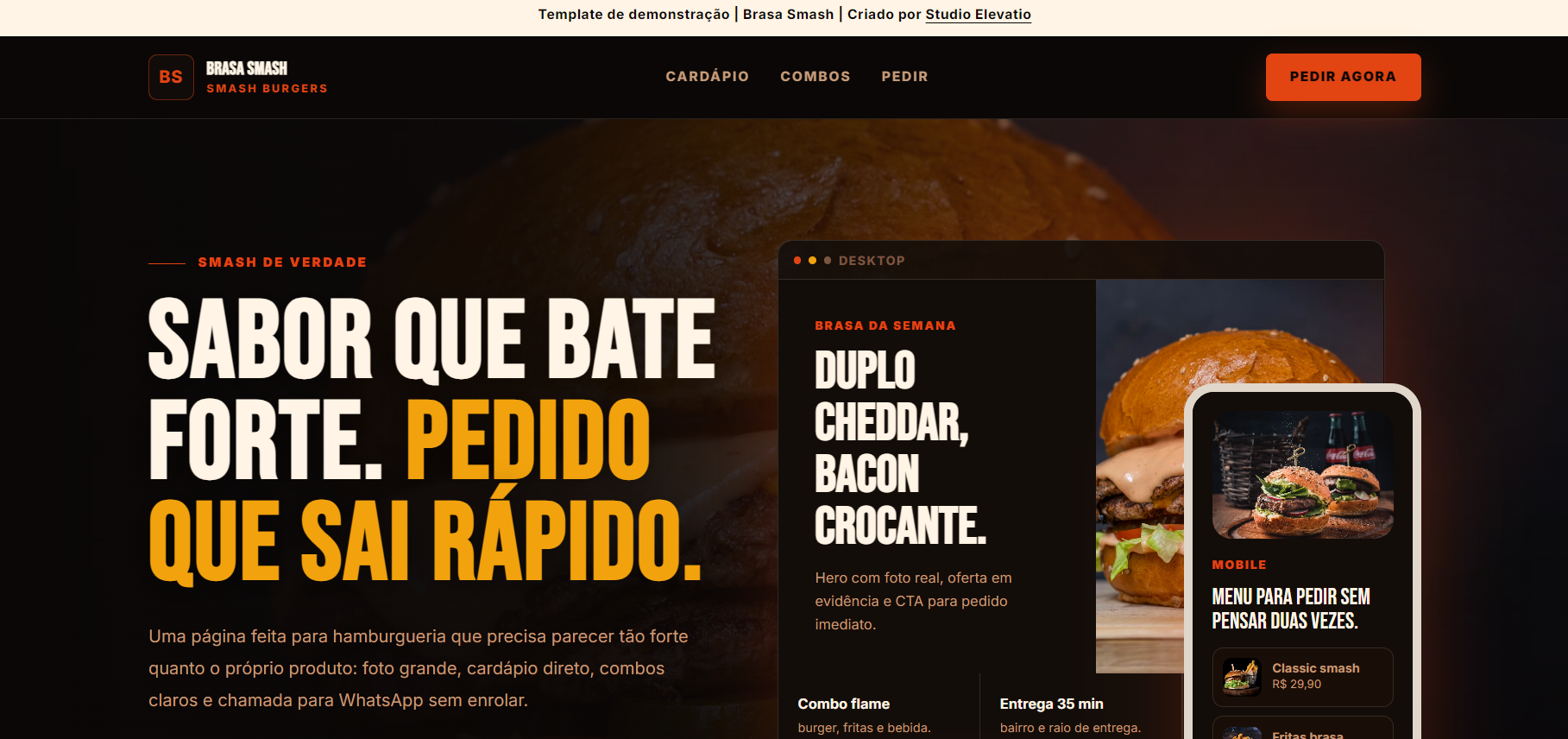 Demonstração premium de website para hamburgueria artesanal