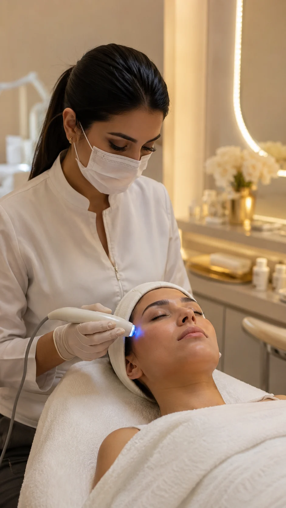 Procedimento facial sofisticado em clínica estética