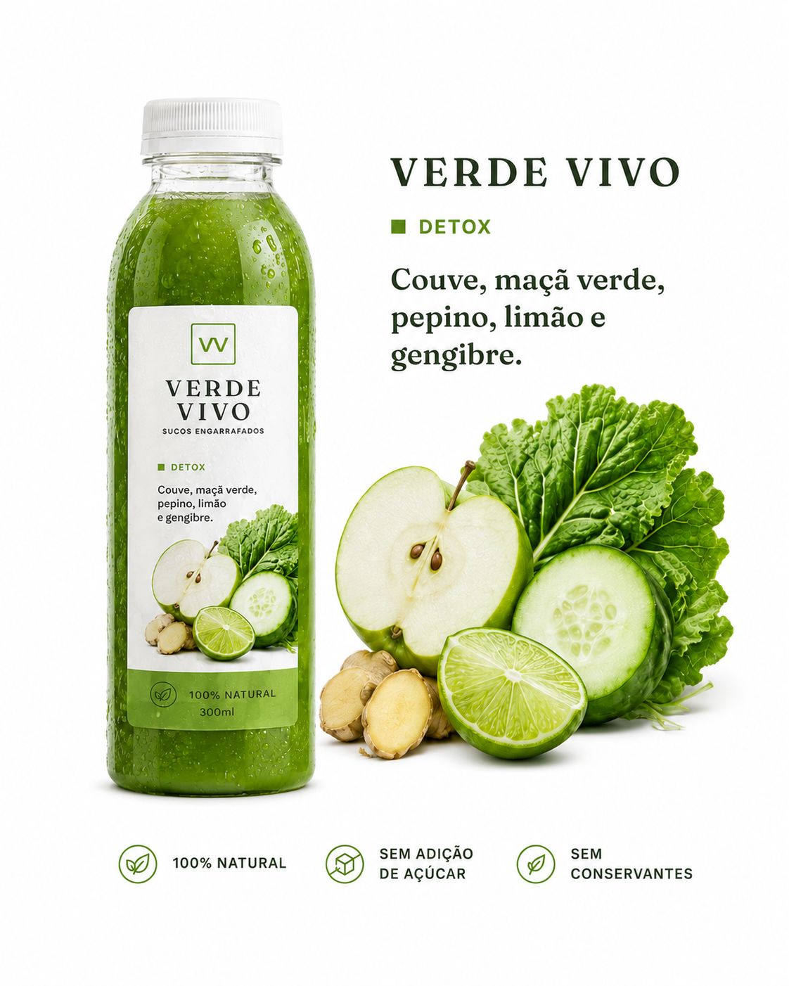 Sabor Verde Vivo Detox com couve, maçã verde, pepino, limão e gengibre